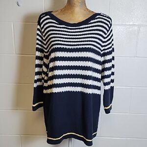 Textured Natural Cotton Navy White Yellow Striped Nautical Mid Weight Sweater